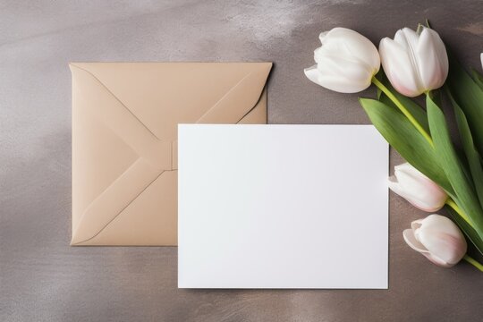 Blank white envelope mock up with flowers, Valentine's day, Mother's day, Women's Day and love concept