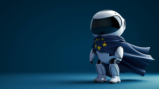 Minimalist White Robot Wearing European Union Cape on Blue Background - Generative AI