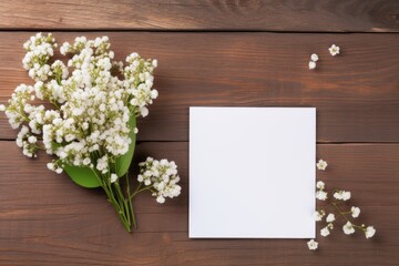 Blank white greeting card with white flowers bouquet and gift box on rustic wooden background. Top view mock up with copy space