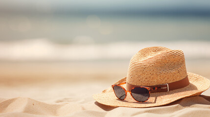Sun hat next to sunglasses on sand at beach
