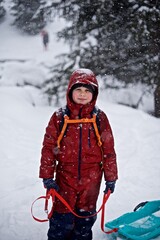 Portrait of a young European boy 7 - 9 years old in the warm winter jacket standing on the snowy winter background with sledge
