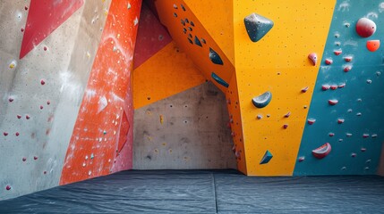 Indoor rock climbing wall with colorful holds for climbing enthusiasts and fitness activity