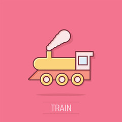 Metro icon in comic style. Train subway cartoon vector illustration on white isolated background. Railroad cargo splash effect business concept.