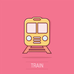 Fototapeta premium Metro icon in comic style. Train subway cartoon vector illustration on white isolated background. Railroad cargo splash effect business concept.