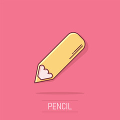 Pencil icon in comic style. Pen cartoon vector illustration on white isolated background. Drawing splash effect business concept.