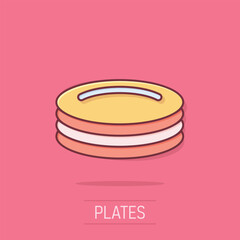 Plate icon in comic style. Dish cartoon vector illustration on white isolated background. Tableware splash effect business concept.