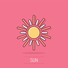 Sun icon in comic style. Sunlight cartoon sign vector illustration on white isolated background. Daylight splash effect business concept.