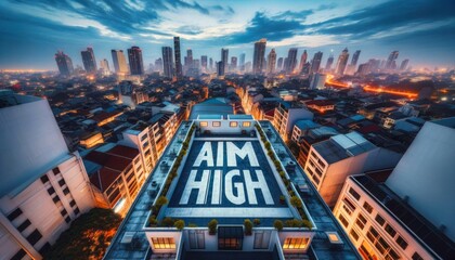 "Aim High" motovational quote on a city rooftop at dawn, a symbol of business achievement, urban dreams and ambition.