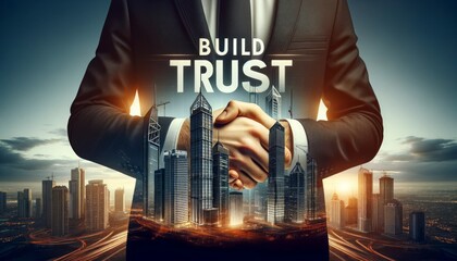 Corporate handshake with motivational quote "Build Trust" against city backdrop, encapsulating trust and partnership in the business milieu.