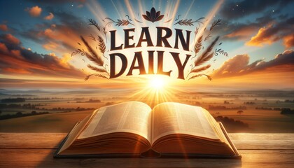 Open book against a sunrise landscape, motovational quote 'LEARN DAILY' illuminated by the first light of day.