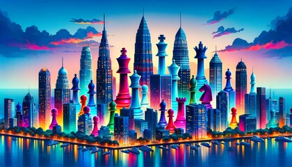 Chess pieces as city buildings against a vibrant sunset, melding strategy with urban splendor. - obrazy, fototapety, plakaty