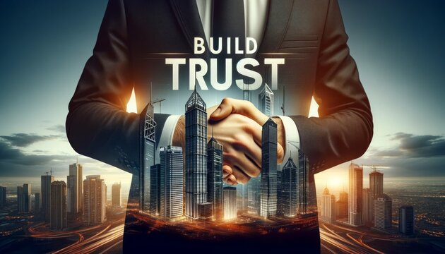 Corporate handshake with motivational quote "Build Trust" against city backdrop, encapsulating trust and partnership in the business milieu. - Powered by Adobe