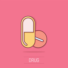 Pill capsule icon in comic style. Drugs cartoon vector illustration on white isolated background. Pharmacy splash effect business concept.