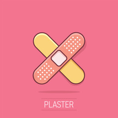 Bandage icon in comic style. Plaster cartoon vector illustration on white isolated background. First aid kit splash effect business concept.