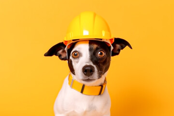 Funny dog dressed as a builder in a yellow helmet on a yellow background, an engineer or a repairman