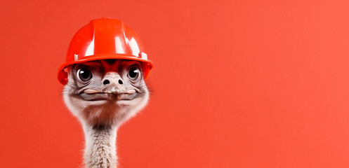Funny ostrich in a red helmet on a red background. Banner. Copy space.