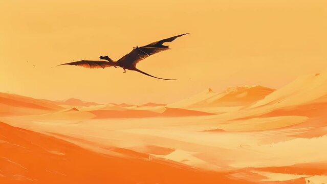 The desert sky is filled with the soaring Pterodactylus its wingspan casting a shadow over the seemingly endless sand dunes.