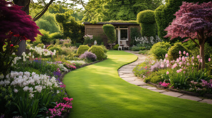 Vivid flowerbeds and curving grass