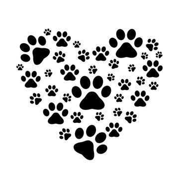 Heart with paw. Traces of dogs or cats. Vector isolated silhouette.