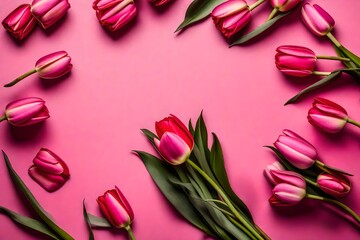 Express affection and gratitude with a top-view photograph featuring a meticulously adorned gift box, ribbon, and a vibrant tulip bouquet against a pink background for Mother's Day or Valentine's.