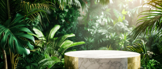 White marble  platform, podium, with golden texture, shimmer,  steam, on jungle tropical leaves background. Mock up,  display for product presentation. Lights, shadows effect. Generative AI