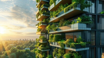 Modern and eco-friendly skyscrapers with many trees on each balcony. Modern architecture, vertical gardens, terraces with plants - obrazy, fototapety, plakaty