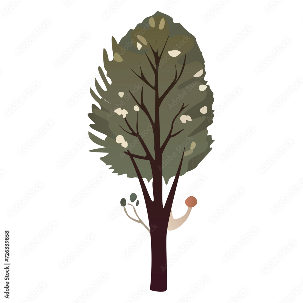 Poster mushroom and tree elements of colorful set. this captivating illustration showcases a forest tree as
