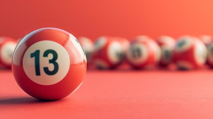 Close up of red lottery balls on pastel background with focus on lucky number 13