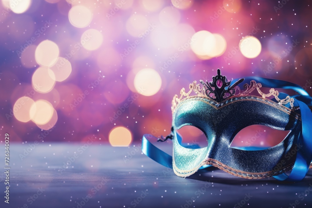 Poster Venetian Mask With Defocused Bokeh Lights. Masquerade Disguise Concept with copy space