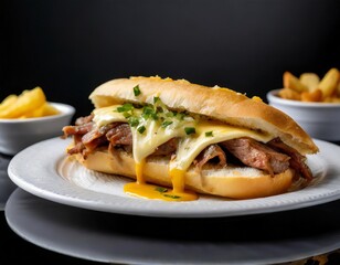 Closeup Photo of Philly Cheesesteak Chicken on a white plate with black background