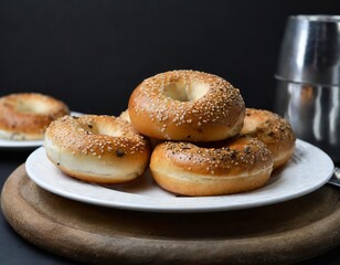 Closeup Photo of New York Bagels on a white plate with black background