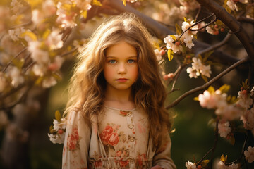 Fototapeta premium A little cute girl stands next to the flowering branches in the spring.