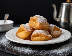 Closeup Photo of New Orleans Beignets on a white plate with black background