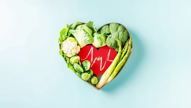 Healthy diet for cardiovascular system. Beating heart-shaped plate of broccoli, cauliflower, Brussels sprouts, spinach, asparagus and lettuce leaves with paper red heart and cardiogram