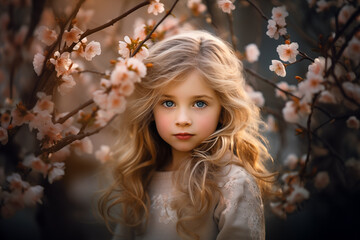 A little cute girl stands next to the flowering branches in the spring. - Powered by Adobe