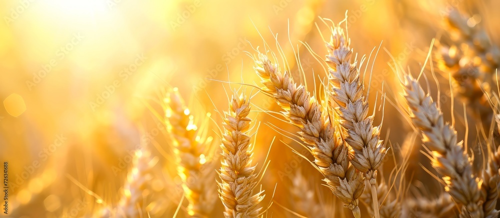 Poster macro image of wheat ears in sunlight on the field.