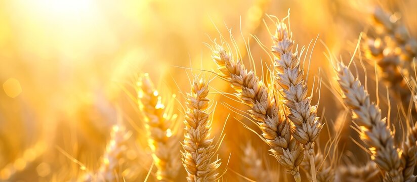 Macro image of wheat ears in sunlight on the field.