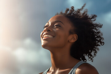 Joyful African American Woman Enjoying Sunlight Outdoors