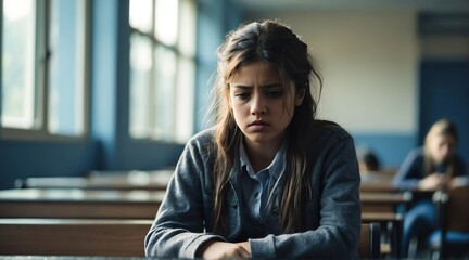 A sad and stressed depressed school girl victim of school bullying, alone sitting in school from Generative AI - obrazy, fototapety, plakaty