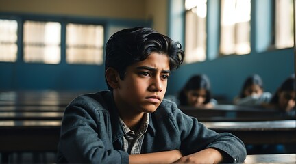 Obraz premium A sad and stressed depressed mexican school boy victim of school bullying, alone sitting in school from Generative AI