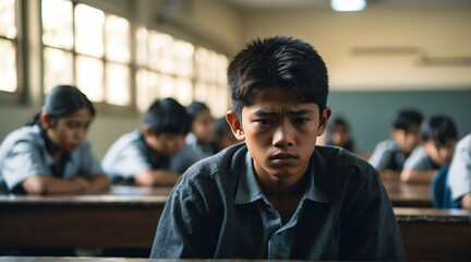 A sad and stressed depressed filipino school boy victim of school bullying, alone sitting in school from Generative AI - obrazy, fototapety, plakaty