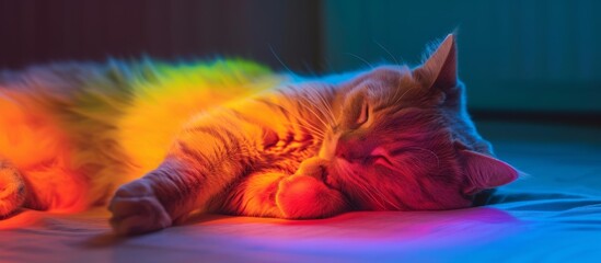 Colorful cat illuminated by rainbow light and cuddling a plush toy.