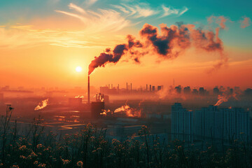 Urban Pollution at Sunset with Silhouetted Smokestacks and Cityscape