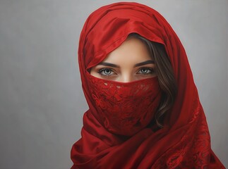 Naklejka premium Young woman with face covered by red shawl from Generative AI