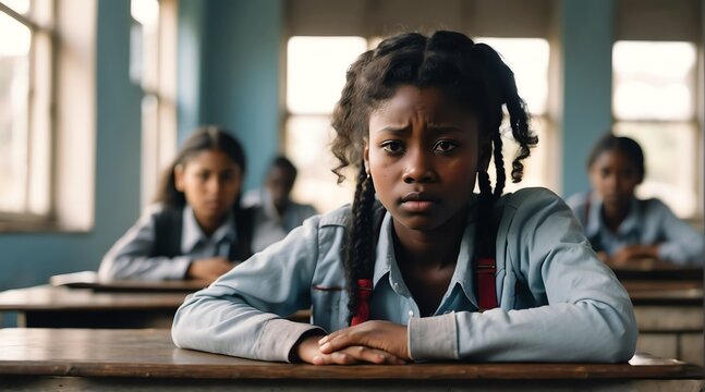 A sad and stressed depressed african school girl victim of school bullying, alone sitting in school from Generative AI