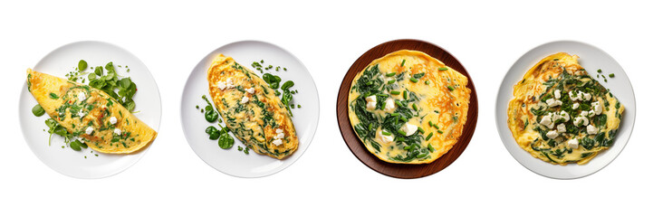 Set of omelets with spinach and feta cheese isolated on a transparent background.