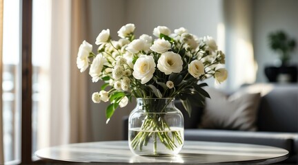 White flowers bouquet in vase on table in stylish minimalist modren living room with morning sun light from Generative AI