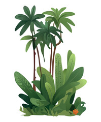 Wood and stone nature element of set. This illustration skillfully combines design elements to portray both a bush and a tree in a charming cartoon style. Vector illustration.