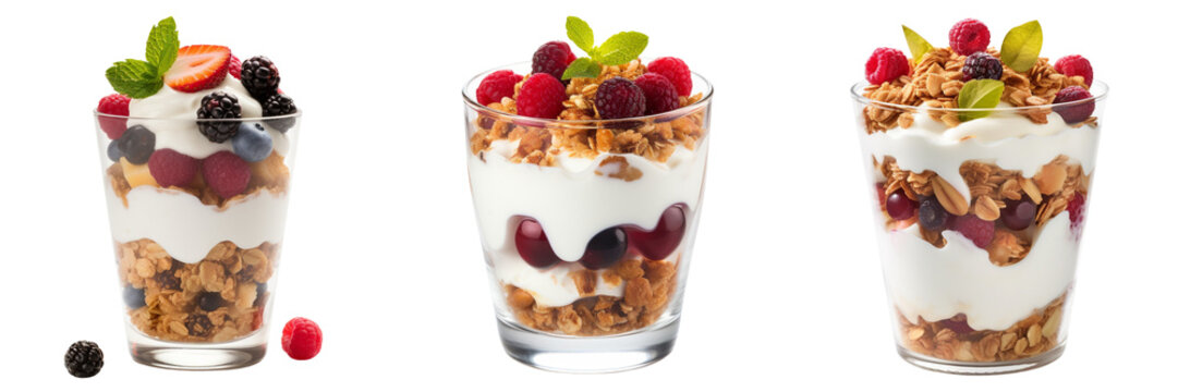 Set of Greek yogurt parfait with granola isolated on a transparent background.