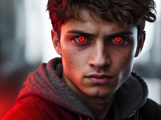 Closeup detailed of staring red eyes of a young man from Generative AI - obrazy, fototapety, plakaty